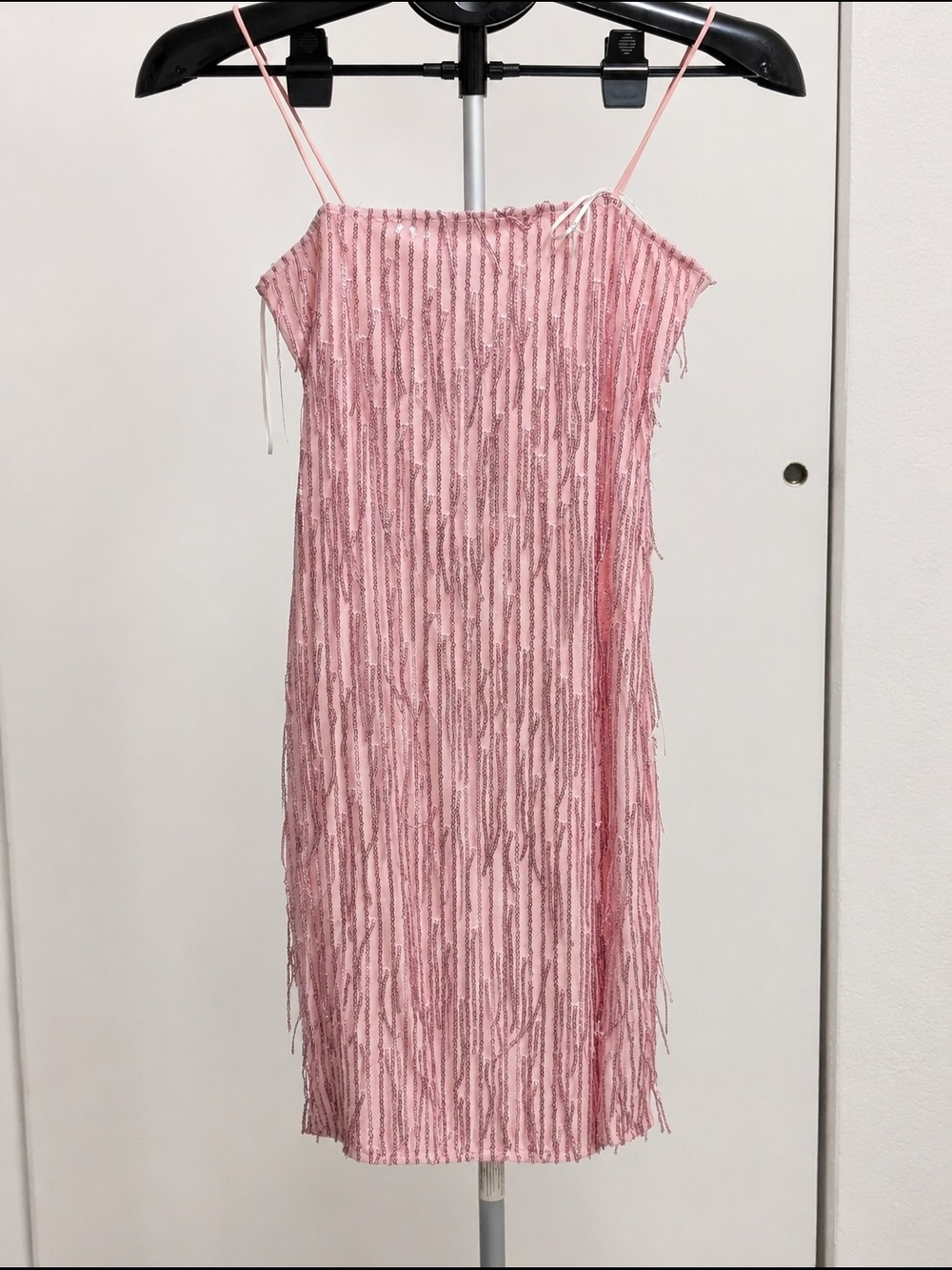 Pink Sequin Fringe Spaghetti Strap Dress